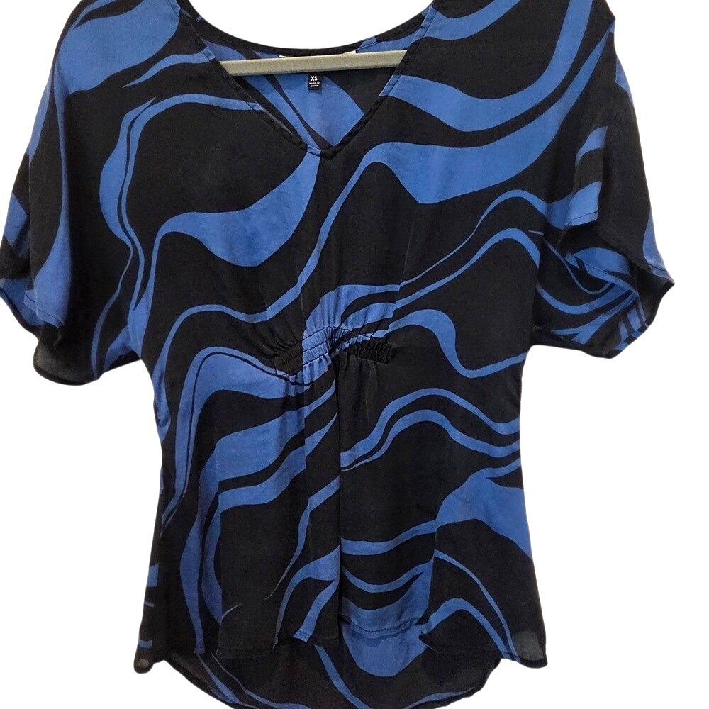 Express Womens Silk Top XS Black Blue V Neck Boho Sleeve Blouse‎